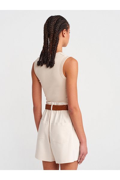 Dilvin 71640 Knitted Belted Mini Shorts-Stone