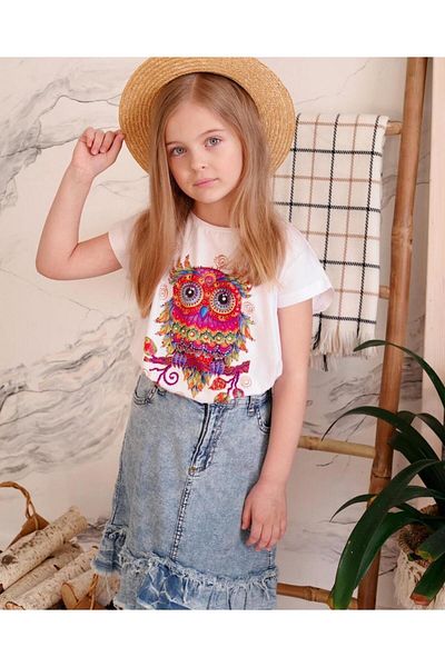 Hilal Akıncı Kids Κοριτσίστικη μπλούζα με σχέδιο ασύμμετρη τζιν φούστα διπλό σετ