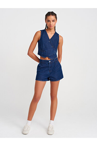 Dilvin 50750 Асиметричний джинсовий жилет на ґудзиках - темно-синій