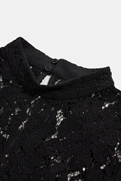 W Collection SİYAH MİNİ DAR KALIP DANTELLİ DİK YAKA ELBİSE