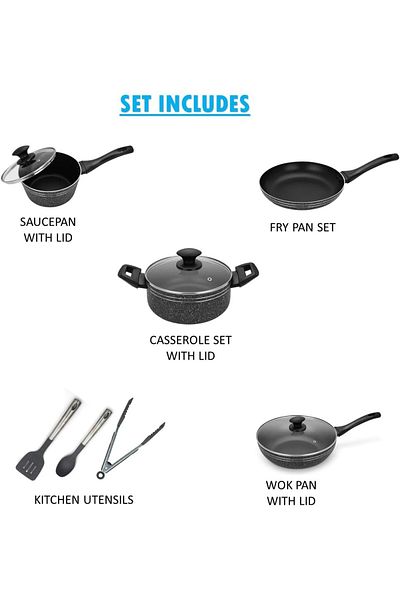 Auroware 12 Pcs Non Stick Kitchen Cookware Set, Frying pan, Casserole Lid, Sauce pan, Utensils