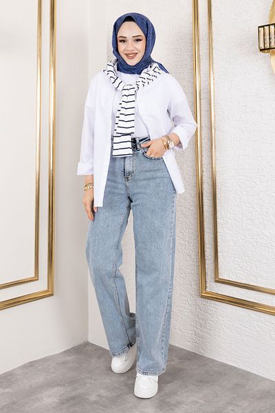 Tesettür Dünyası Pantaloni Palazzo Denim cu talie înaltă TSD 250119   Albastru deschis