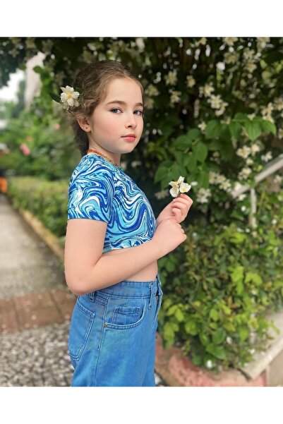 Hilal Akıncı Kids Дівчачий короткий рукав з малюнком Боді Широкі штани з джинсової тканини 2-х частинний комплект