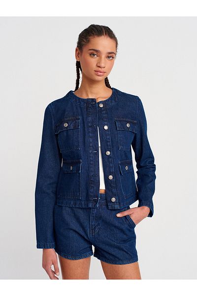 Dilvin 65365 Four Pocket Short Denim Coat-Navy Blue