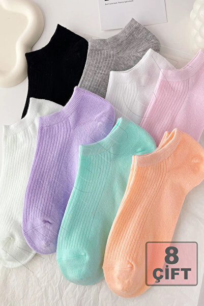 Meguca Socks 8 Çift Kadın Extra Soft Renkli Pamuklu Çizgili Çorap Seti