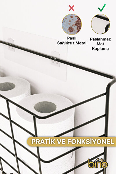 Bino Yapışkanlı Tuvalet Kağıdı Organizeri 1 ADET Paslanmaz Metal Banyo Şampuanlık Mutfak Rafı Siyah
