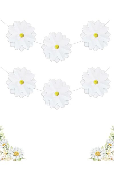 Big Party Daisy Themed Paper Banner - 6 Piece Pompom Design