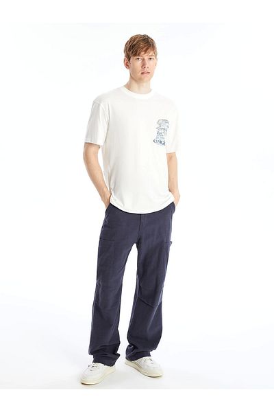 LC Waikiki Ανδρικό μπλουζάκι LCW Casual Ecru Crew λαιμόκοψη με κοντό μανίκι με στάμπα
