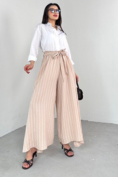 Cappmoda Pnt-07411 Mink Striped Woven Shalwar Skirt Trousers