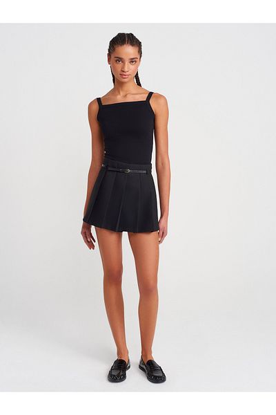 Dilvin 81058 Belted Pleated Shorts Skirt-Black