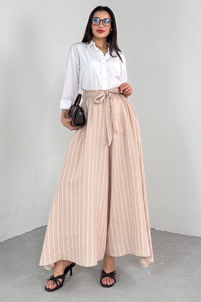 Cappmoda Pnt-07411 Mink Striped Woven Shalwar Skirt Trousers