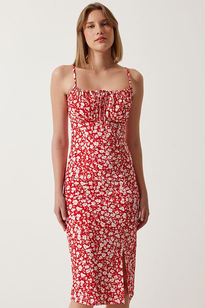 Lovelyİstanbul Floral Patterned Slit Summer Knitted Dress Red Lci0003