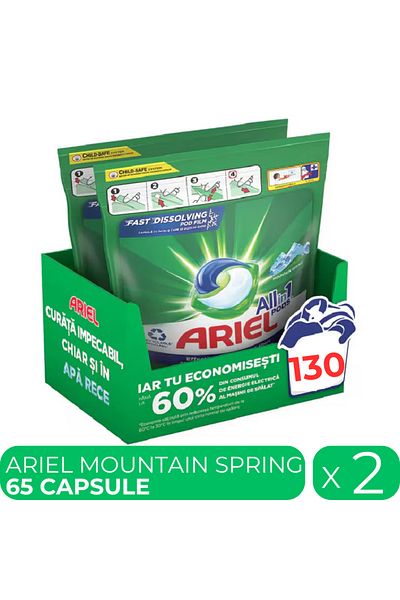 Ariel All In One Mountain Spring, Automatic Laundry Detergent, 2 Packs X 65 Capsules, 130 Washes.