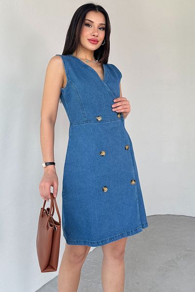 Cappmoda ELB-01754 Rochie albastră din denim cu nasturi cu decolteu în V