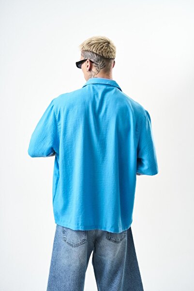 Respire Muška zigzag majica Vezena Oversize kroj Lan plava