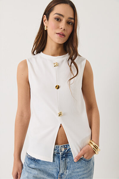 Bianco Lucci Kadın Kadın Bisiklet Yaka Gold Düğme Detaylı Fitilli Bluz 2203 60283151