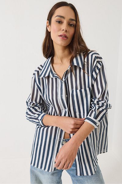Bianco Lucci Women's Striped Single Pocket Detailed Oversize Shirt 2077 60283117