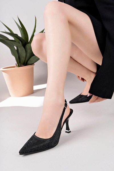 Aymood Stone Heeled Pointed Toe Black Stone Open Back Thin Heel Shoes