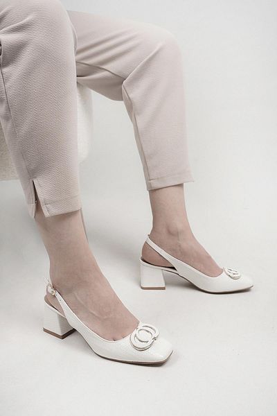 Stilbagshoes Abela Imported Buckle Detailled Knitted Patent Leather Women's Shoes White