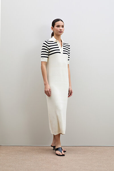 Serianno Polo Yaka Mini Payetli Çizgi Detaylı Midi Elbise