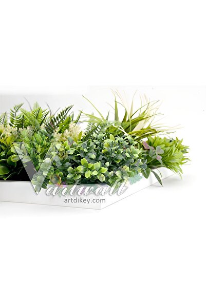 grassplast V.artwall Yapay Çiçek Tablo Karışık Çiçekli Beyaz Çerçeveli Dekoratif Duvar Tablo Yeşil 50x50cm