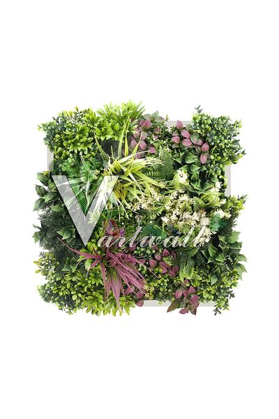grassplast V.artwall Yapay Çiçek Tablo Karışık Çiçekli Beyaz Çerçeveli Dekoratif Duvar Tablo Yeşil 50x50cm
