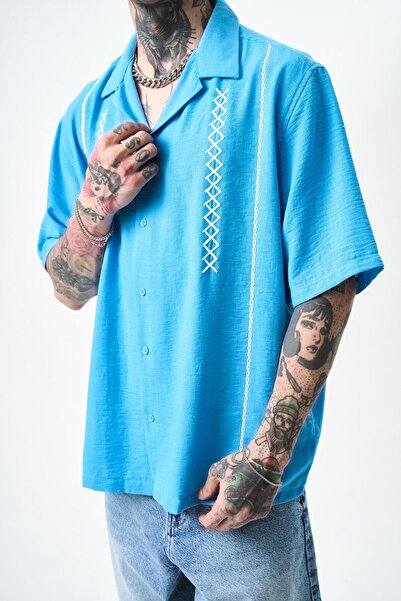 Respire Men's Zigzag Embroidered Oversize Linen Shirt Blue