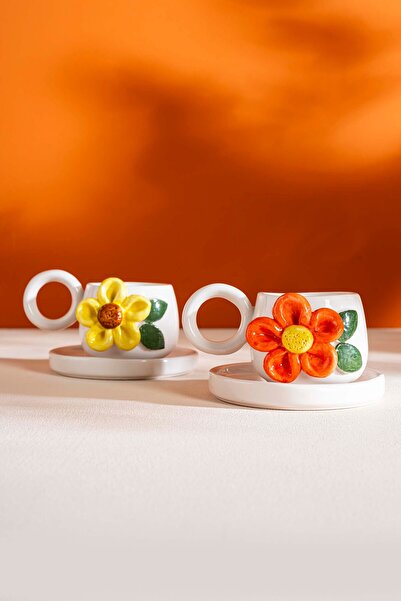 Rivaİstanbul Renkli Papatya Amore El Yapımı Seramik İkili Türk Kahvesi Fincan Takımı