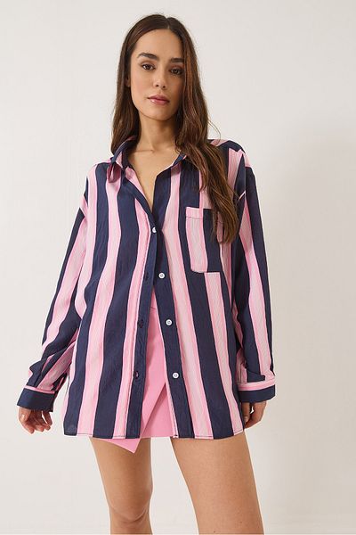 Bianco Lucci Women's V-Neck Striped Pocket Detailed Oversize Shirt 8036 60283160