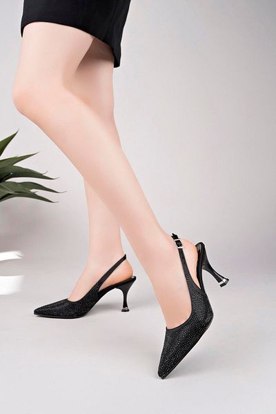 Aymood Stone Heeled Pointed Toe Black Stone Open Back Thin Heel Shoes