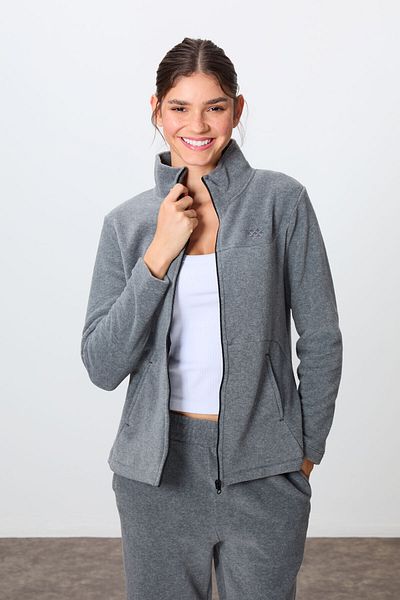 TOMMY LIFE Gray Melange Embroidered Oversize Fleece Women's Tracksuit Set - Thick Soft Textured, Stand Collar -95339