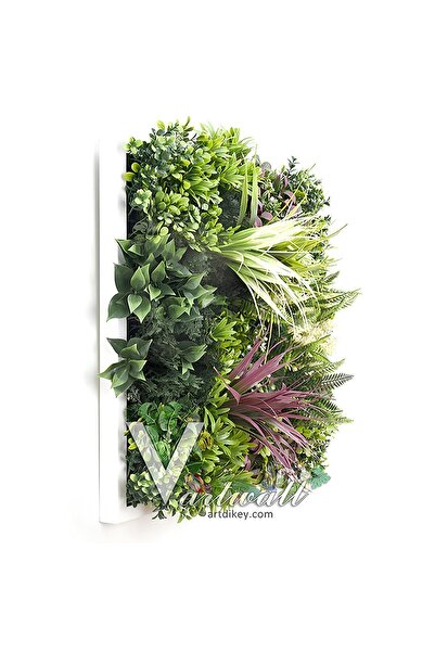 grassplast V.artwall Yapay Çiçek Tablo Karışık Çiçekli Beyaz Çerçeveli Dekoratif Duvar Tablo Yeşil 50x50cm