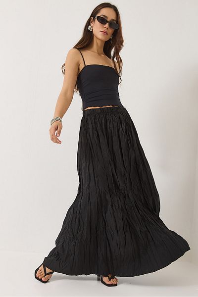 Bianco Lucci Women's Elastic Waist Crush Effect Long Skirt 60283112