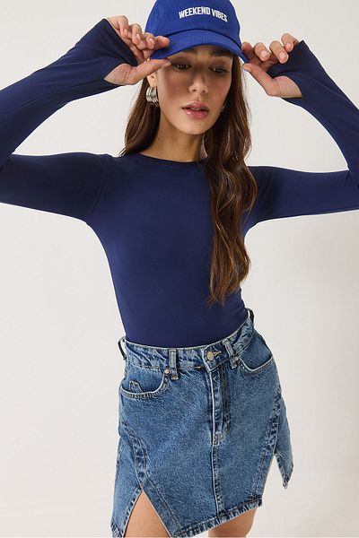 Bianco Lucci Damen-Basic-Bluse mit Rundhalsausschnitt und Fingerverschluss 0214 60284030