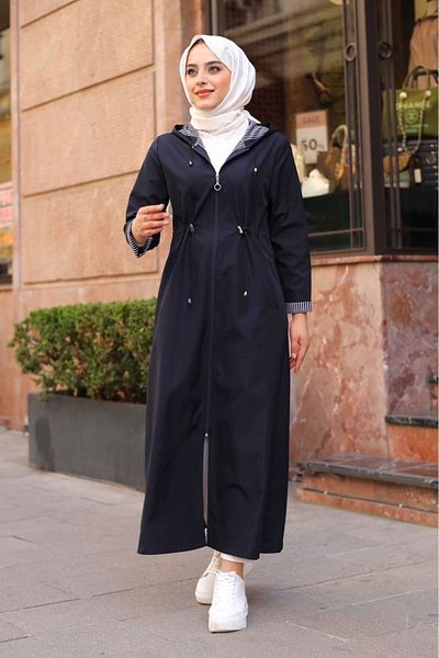 beymood Full Length Long Trench Coat with Ankle and Stripe Inside Hood