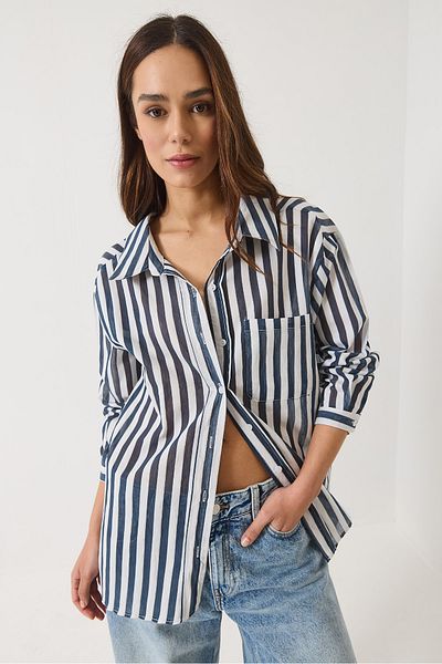 Bianco Lucci Women's Striped Single Pocket Detailed Oversize Shirt 2077 60283117