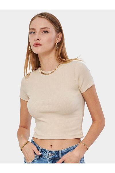 Irmak Kerekli Women's Beige Crew Neck Short Sleeve Badi Crop Cotton Body 4020