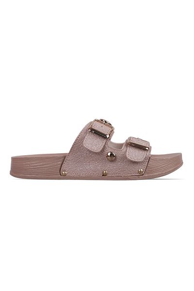 Lal Shoes & Bags Esta Women's Double Banded Round Metal Detailed Slippers-Powder