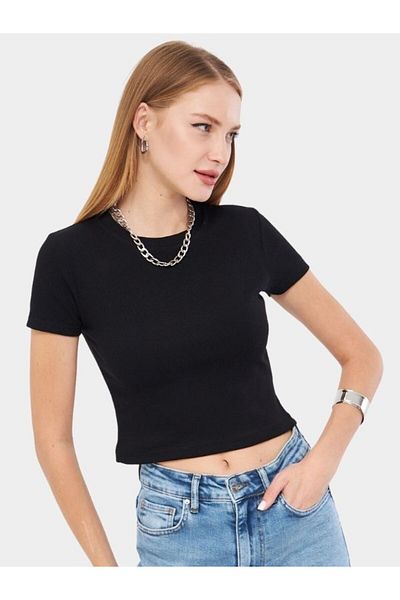 Irmak Kerekli Women's Black Crew Neck Short Sleeve Badi Crop Cotton Body 4020