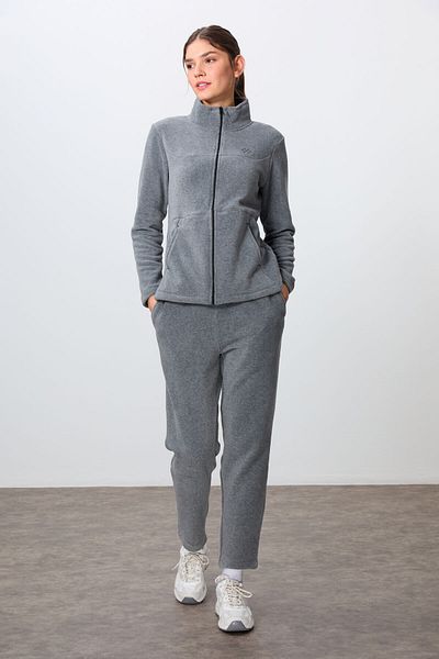 TOMMY LIFE Gray Melange Embroidered Oversize Fleece Women's Tracksuit Set - Thick Soft Textured, Stand Collar -95339