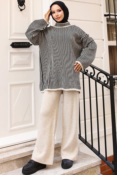 giyze Vertical Striped Knitwear Suit Stone Color 24005