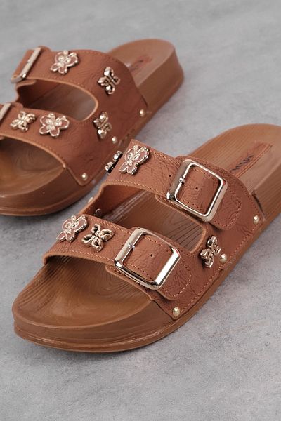 Lal Shoes & Bags Women's Double Striped Flower Detailed Slippers-Tan