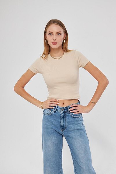 Irmak Kerekli Women's Beige Crew Neck Short Sleeve Badi Crop Cotton Body 4020