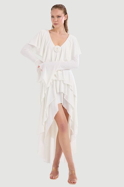 By Yaren Yazıcı Flounce Containing Details V-Neck Rose Detail Asymmetrical Design Wedding Outdoor Shooting Graduation Dress