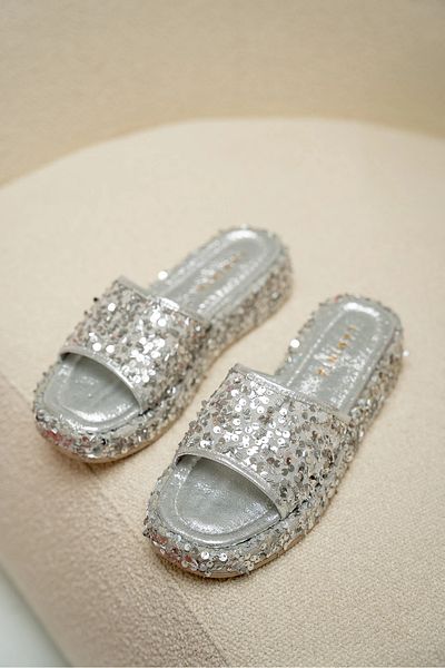 LAMİNTA Bubble Silver Sequin Women's Slippers