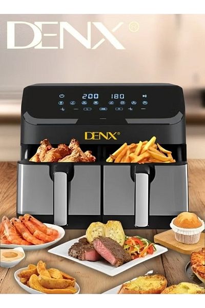 Denx قلاية هوائية مزدوجة متعددة الاستخدامات من الفولاذ المقاوم للصدأ، سعة 4 لتر + 4 لتر، منطقتا طهي