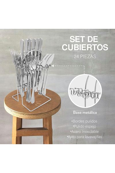 COOYA 24-Pieces Silver Spoon knife Cutlery Set, With Rack, Stainless Steel, for 6 People Use
