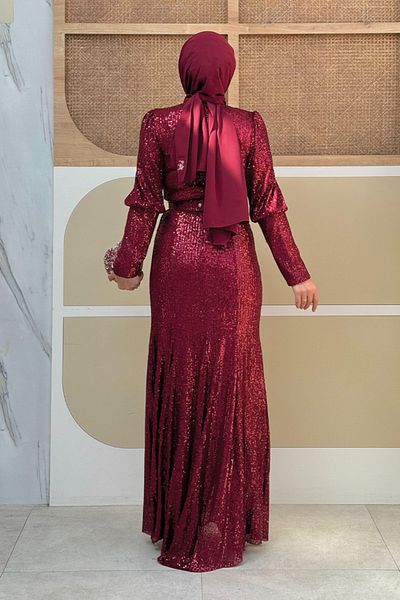 Bym Fashion Βραδινό φόρεμα με παγιέτες Fish με αξεσουάρ ζώνης 3858 Βουργουνδία