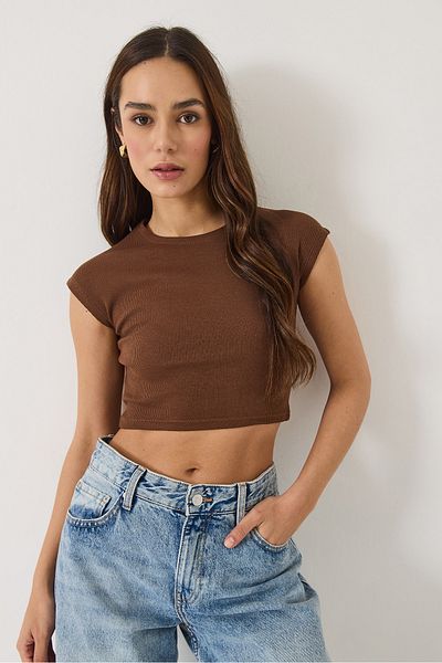 Bianco Lucci Damska koszulka z krótkim rękawem i okrągłym dekoltem, Basic Camisole, skrócona koszulka T-shirt 60602044