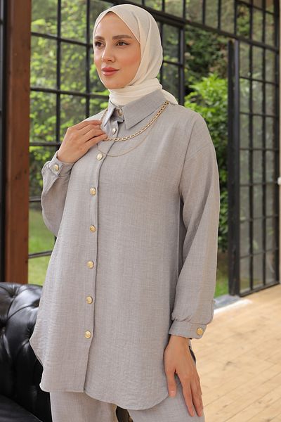 giyze Button Detailed Double Suit with Accessories Gray 4015
